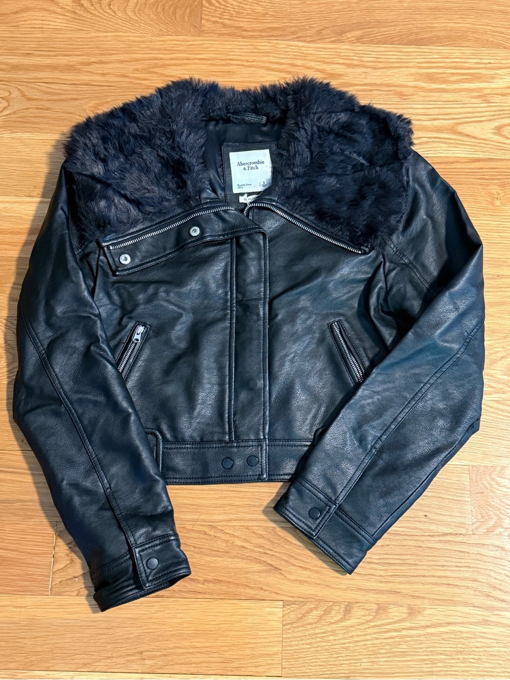 Abercrombie & Fitch Black Faux Leather Moto Jacket with Faux Fur Collar Trim
